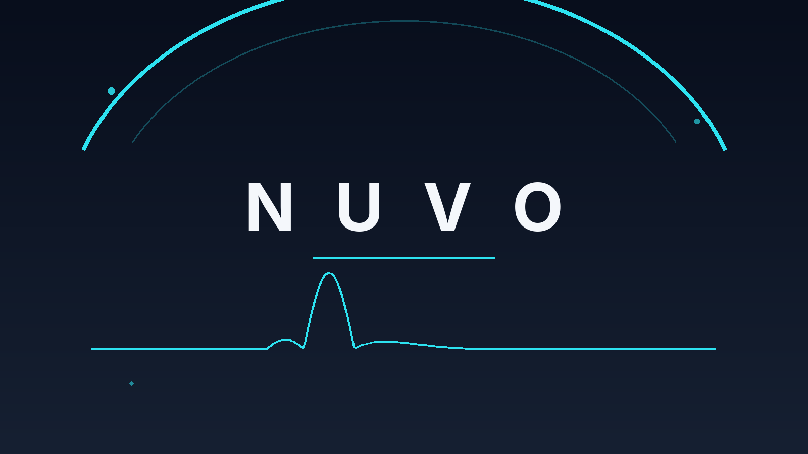 NUVO wordmark in widely spaced white letters on a dark navy background with a cyan arc