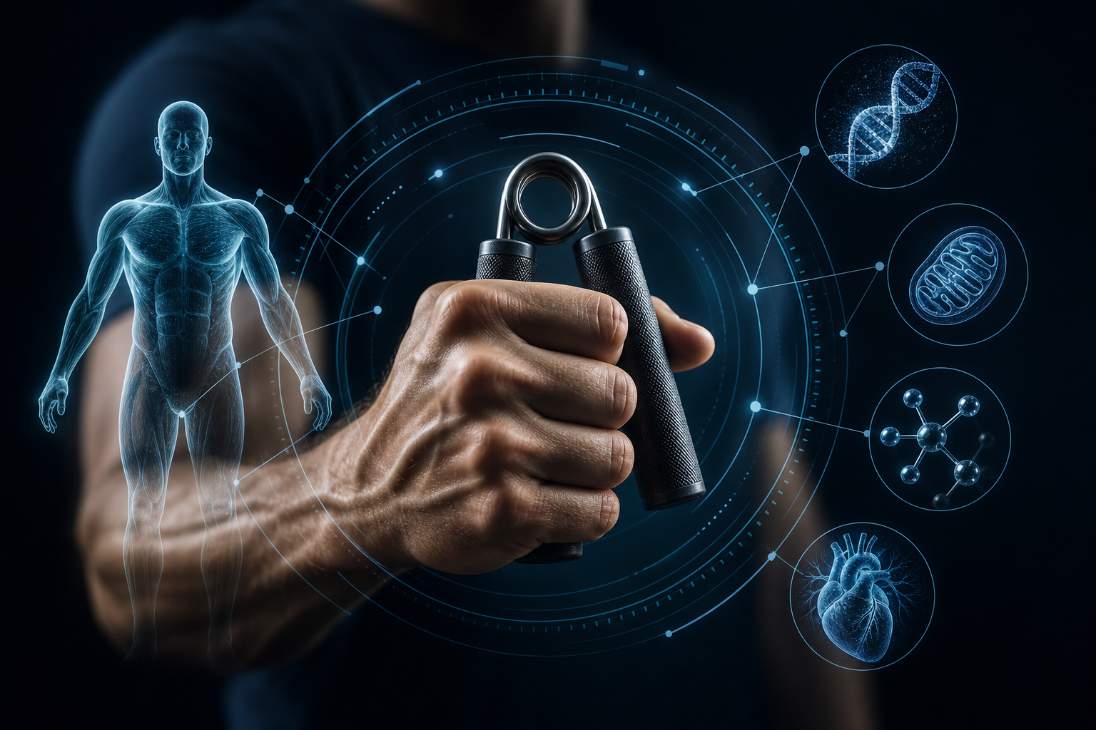 A person squeezing a handheld dynamometer during a grip strength test in a clinical setting