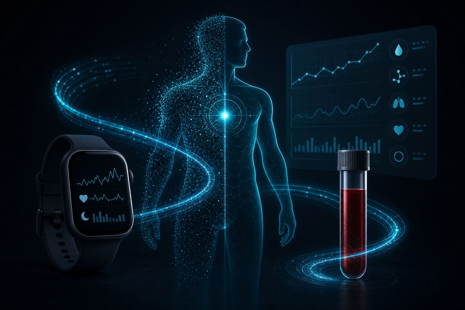 A person reviewing biometric health data on a smartwatch alongside a printed blood panel report on a desk