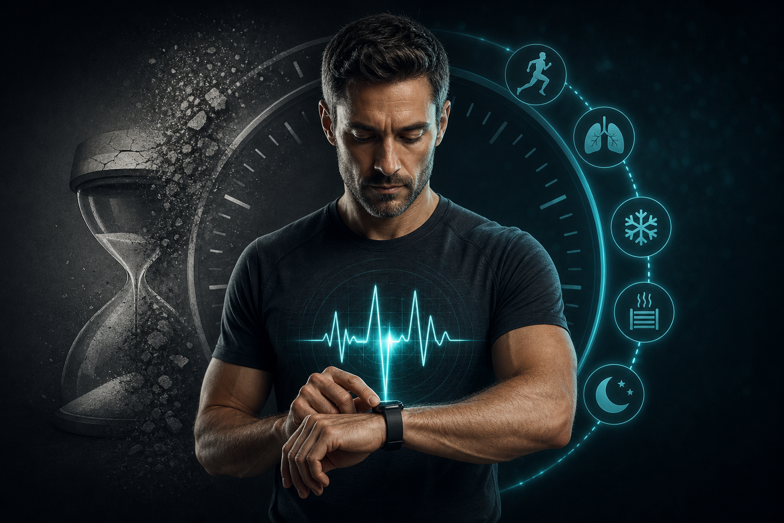 Close-up of a smartwatch displaying a heart rate variability graph on a wrist during a morning recovery check