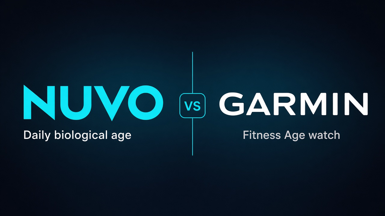 Nuvo vs Garmin: daily biological-age iPhone app compared with a Fitness Age GPS watch and Garmin Connect