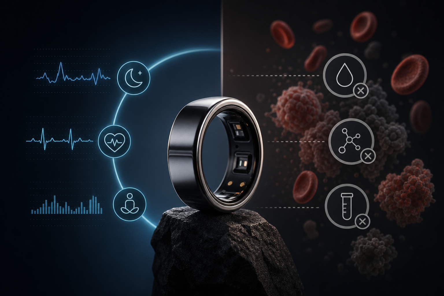 A gold Oura Ring Gen 3 resting on a wooden surface next to a smartphone displaying health metrics
