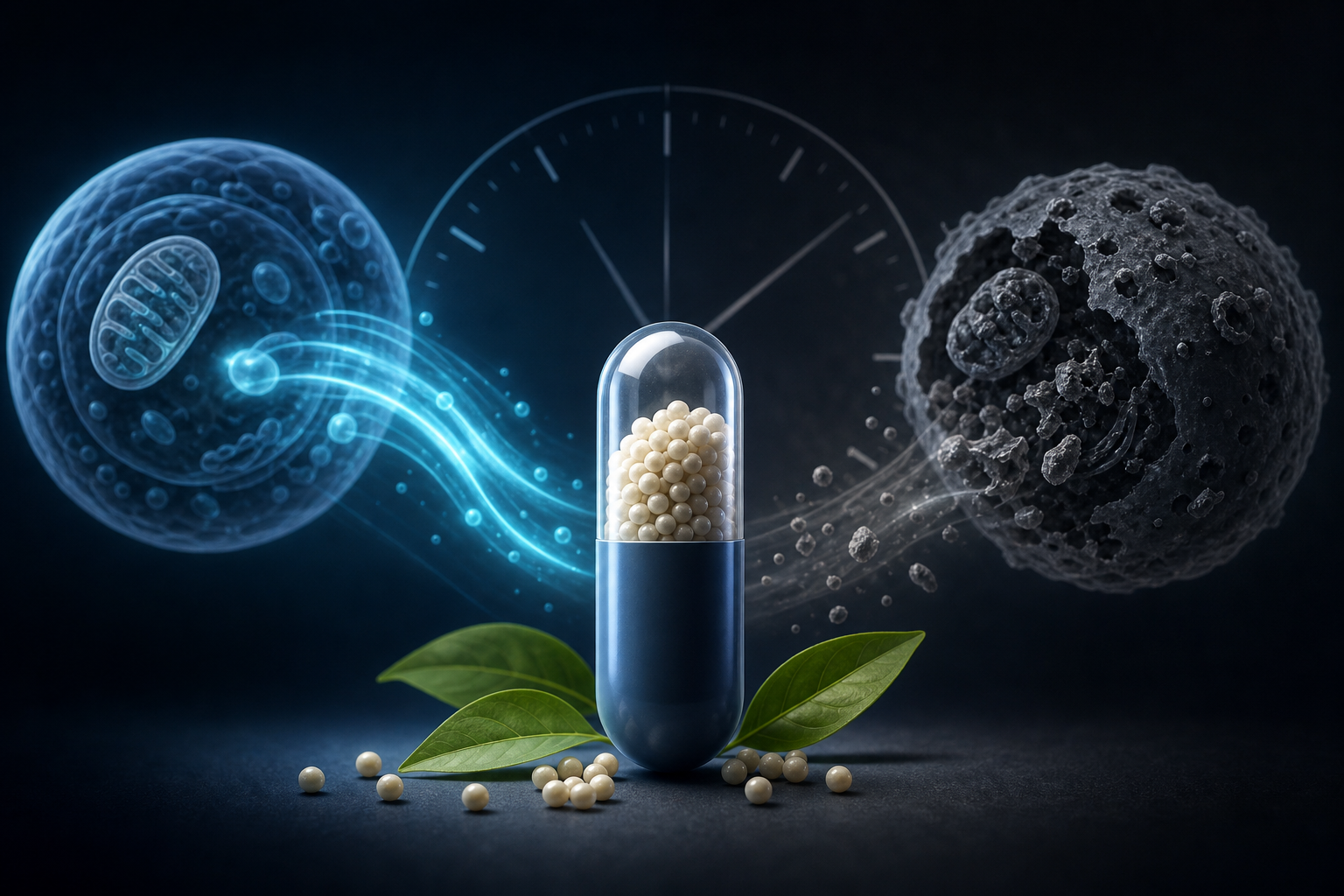 Close-up of wheat germ and capsules on a wooden surface, representing natural spermidine sources and supplementation