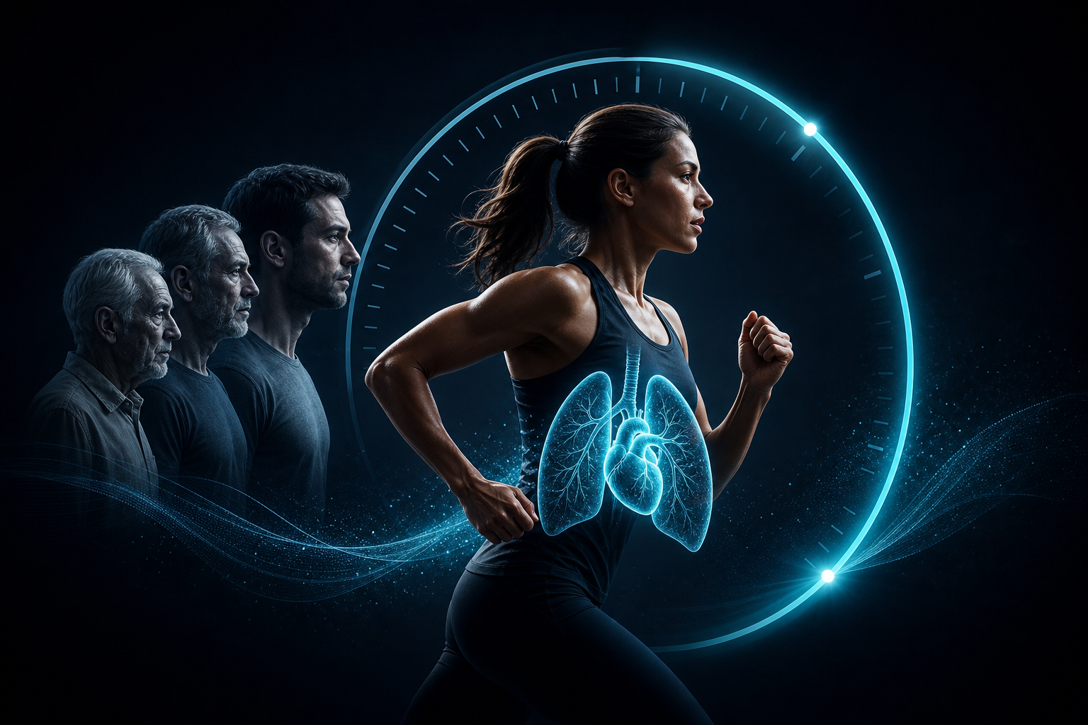 Person running outdoors with a heart rate monitor on their wrist, representing cardiorespiratory fitness and longevity
