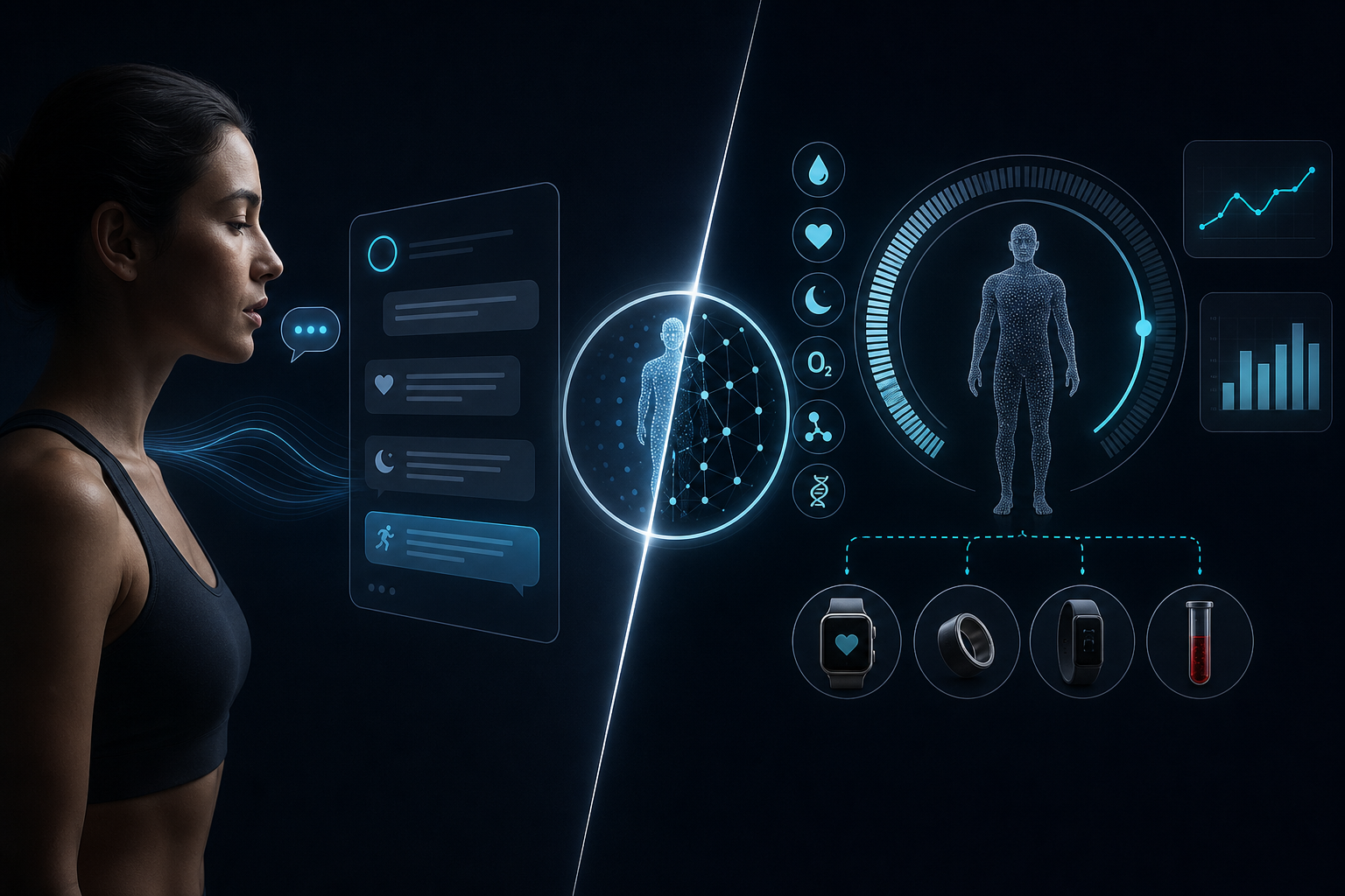 Side-by-side view of two health app dashboards displaying biological age scores and biomarker data on smartphones
