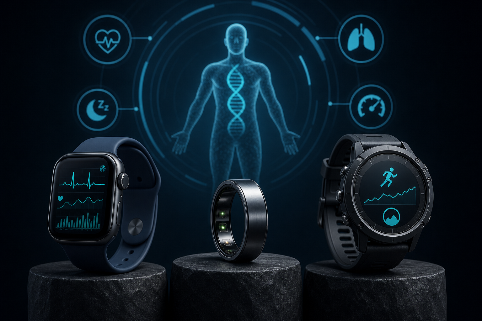Three wearable devices side by side on a white surface: an Apple Watch, an Oura Ring, and a Garmin smartwatch